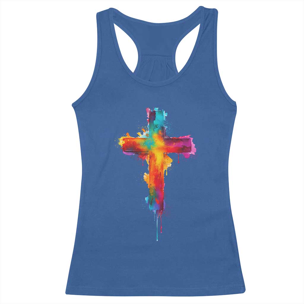 Faith Cross Racerback Tank Top Christian Believe Blessed By God Colorful Watercolor Graphic TS10 Royal Blue Print Your Wear