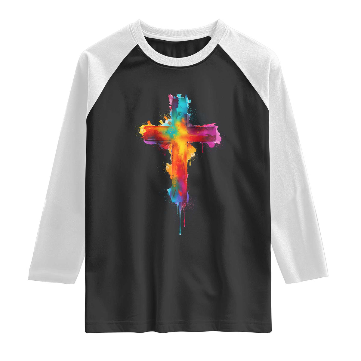 Faith Cross Raglan Shirt Christian Believe Blessed By God Colorful Watercolor Graphic TS10 Black White Print Your Wear
