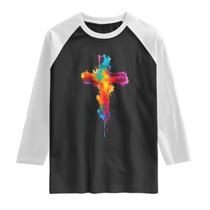 Faith Cross Raglan Shirt Christian Believe Blessed By God Colorful Watercolor Graphic TS10 Black White Print Your Wear