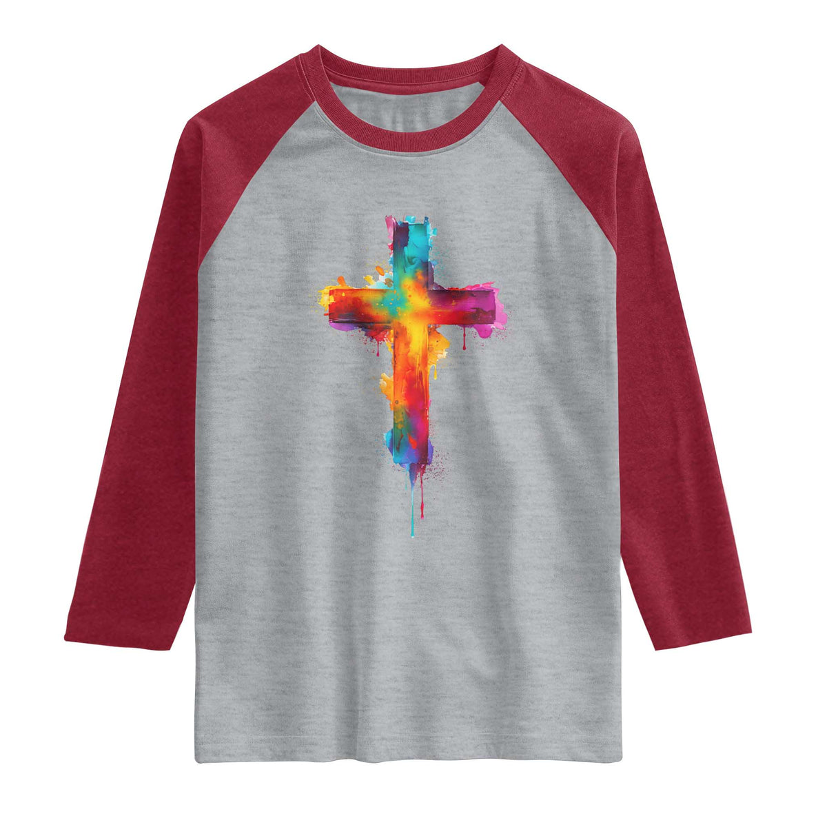 Faith Cross Raglan Shirt Christian Believe Blessed By God Colorful Watercolor Graphic TS10 Heather Gray Heather Red Print Your Wear