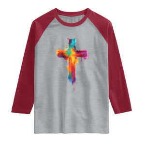 Faith Cross Raglan Shirt Christian Believe Blessed By God Colorful Watercolor Graphic TS10 Heather Gray Heather Red Print Your Wear