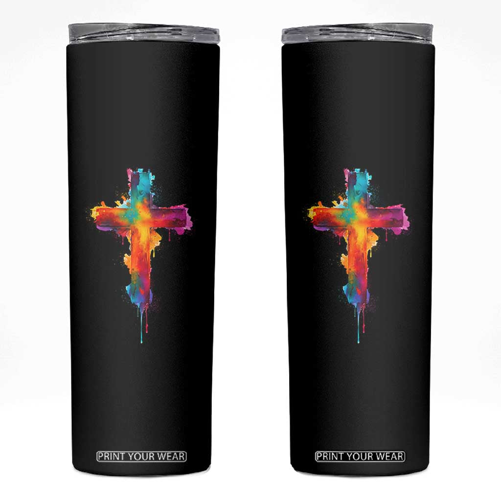 Faith Cross Skinny Tumbler Christian Believe Blessed By God Colorful Watercolor Graphic TS10 Black Print Your Wear
