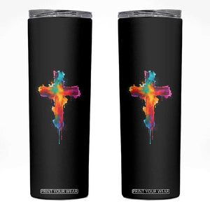 Faith Cross Skinny Tumbler Christian Believe Blessed By God Colorful Watercolor Graphic TS10 Black Print Your Wear