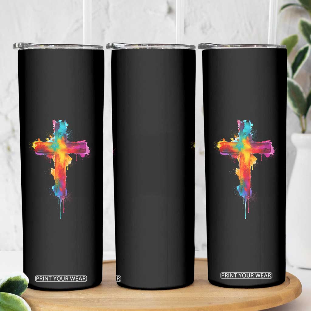 Faith Cross Skinny Tumbler Christian Believe Blessed By God Colorful Watercolor Graphic TS10 Print Your Wear
