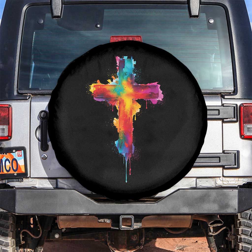 Faith Cross Spare Tire Cover Christian Believe Blessed By God Colorful Watercolor Graphic TS10 No hole Black Print Your Wear