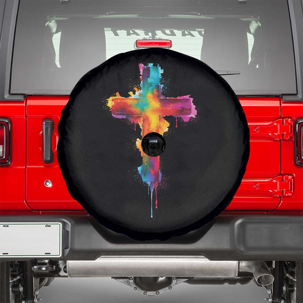 Faith Cross Spare Tire Cover Christian Believe Blessed By God Colorful Watercolor Graphic TS10 Black Print Your Wear