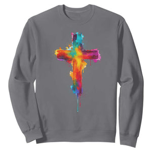 Faith Cross Sweatshirt Christian Believe Blessed By God Colorful Watercolor Graphic TS10 Charcoal Print Your Wear