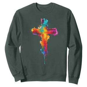 Faith Cross Sweatshirt Christian Believe Blessed By God Colorful Watercolor Graphic TS10 Dark Forest Green Print Your Wear