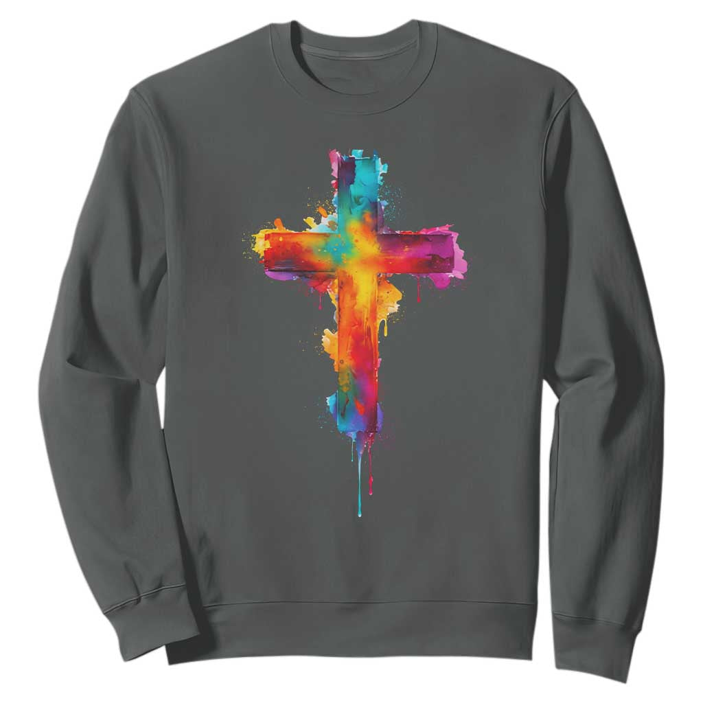 Faith Cross Sweatshirt Christian Believe Blessed By God Colorful Watercolor Graphic TS10 Dark Heather Print Your Wear