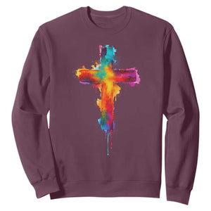 Faith Cross Sweatshirt Christian Believe Blessed By God Colorful Watercolor Graphic TS10 Maroon Print Your Wear
