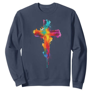 Faith Cross Sweatshirt Christian Believe Blessed By God Colorful Watercolor Graphic TS10 Navy Print Your Wear