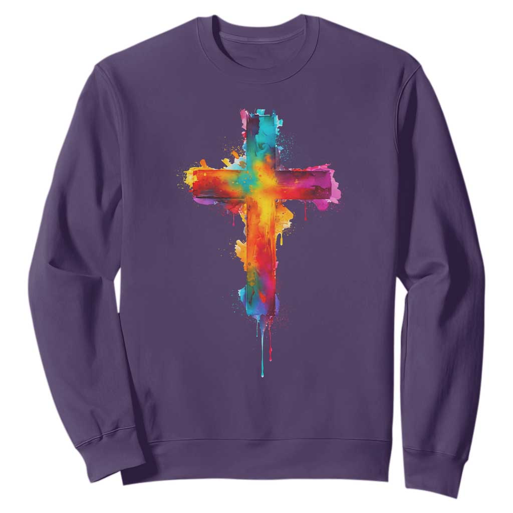 Faith Cross Sweatshirt Christian Believe Blessed By God Colorful Watercolor Graphic TS10 Purple Print Your Wear
