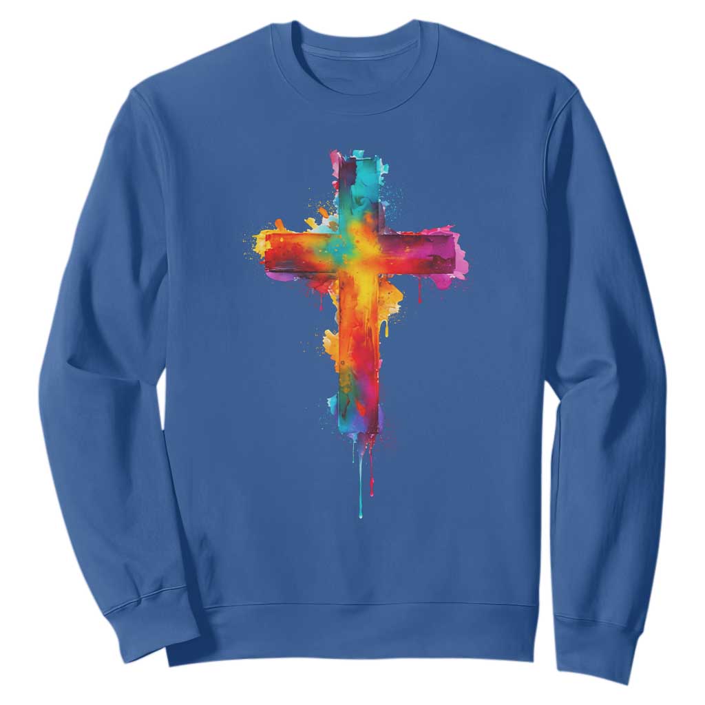 Faith Cross Sweatshirt Christian Believe Blessed By God Colorful Watercolor Graphic TS10 Royal Blue Print Your Wear