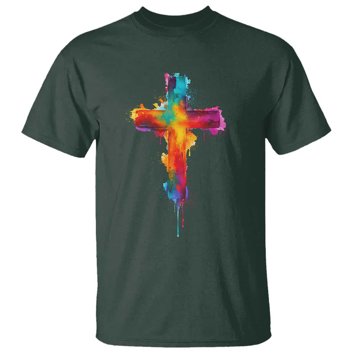 Faith Cross T Shirt Christian Believe Blessed By God Colorful Watercolor Graphic TS10 Dark Forest Green Print Your Wear