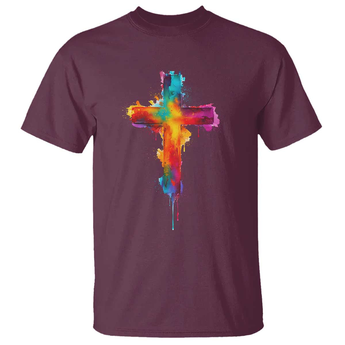 Faith Cross T Shirt Christian Believe Blessed By God Colorful Watercolor Graphic TS10 Maroon Print Your Wear