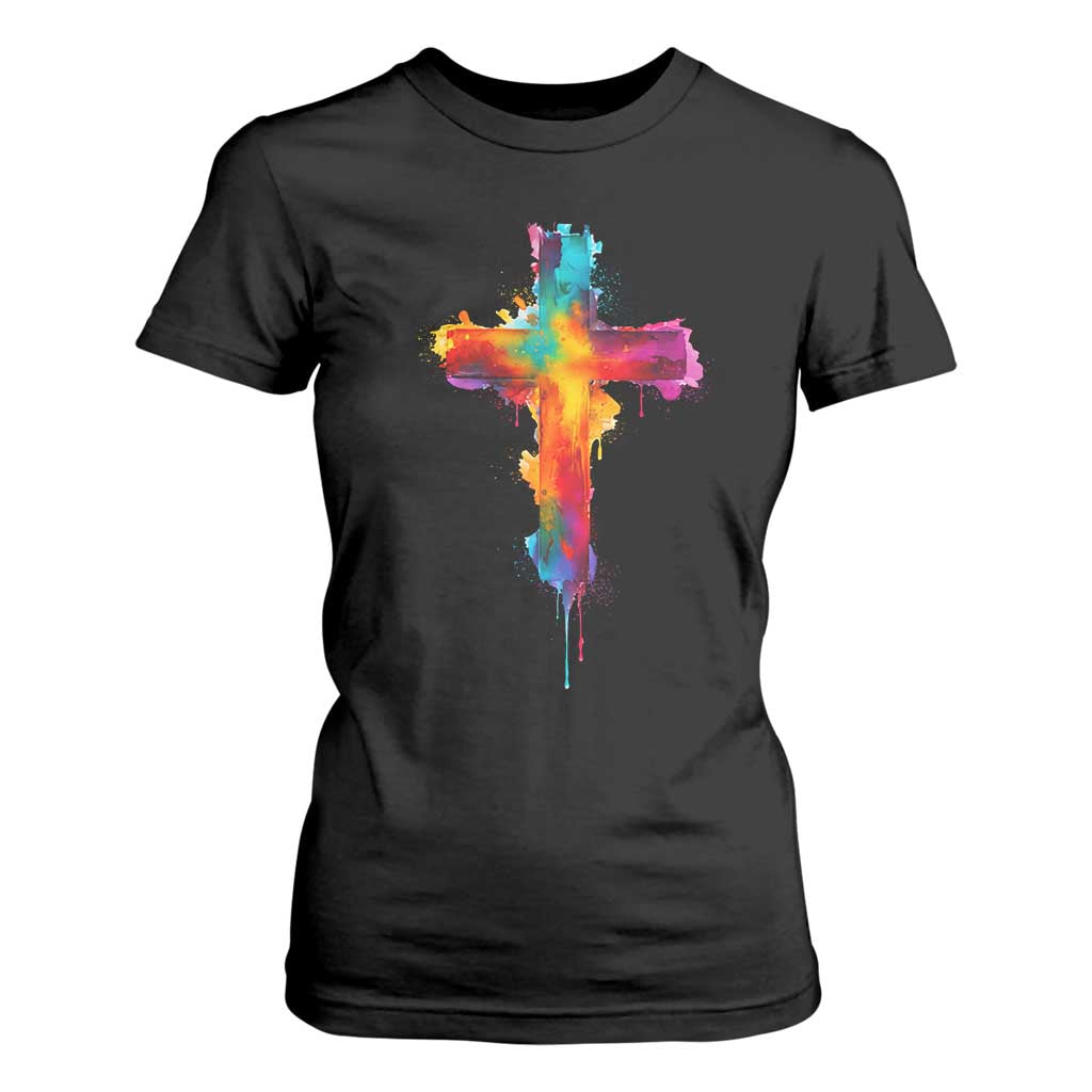 Faith Cross T Shirt For Women Christian Believe Blessed By God Colorful Watercolor Graphic TS10 Black Print Your Wear