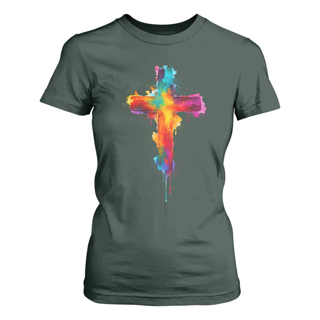 Faith Cross T Shirt For Women Christian Believe Blessed By God Colorful Watercolor Graphic TS10 Dark Forest Green Print Your Wear