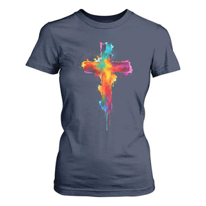 Faith Cross T Shirt For Women Christian Believe Blessed By God Colorful Watercolor Graphic TS10 Navy Print Your Wear
