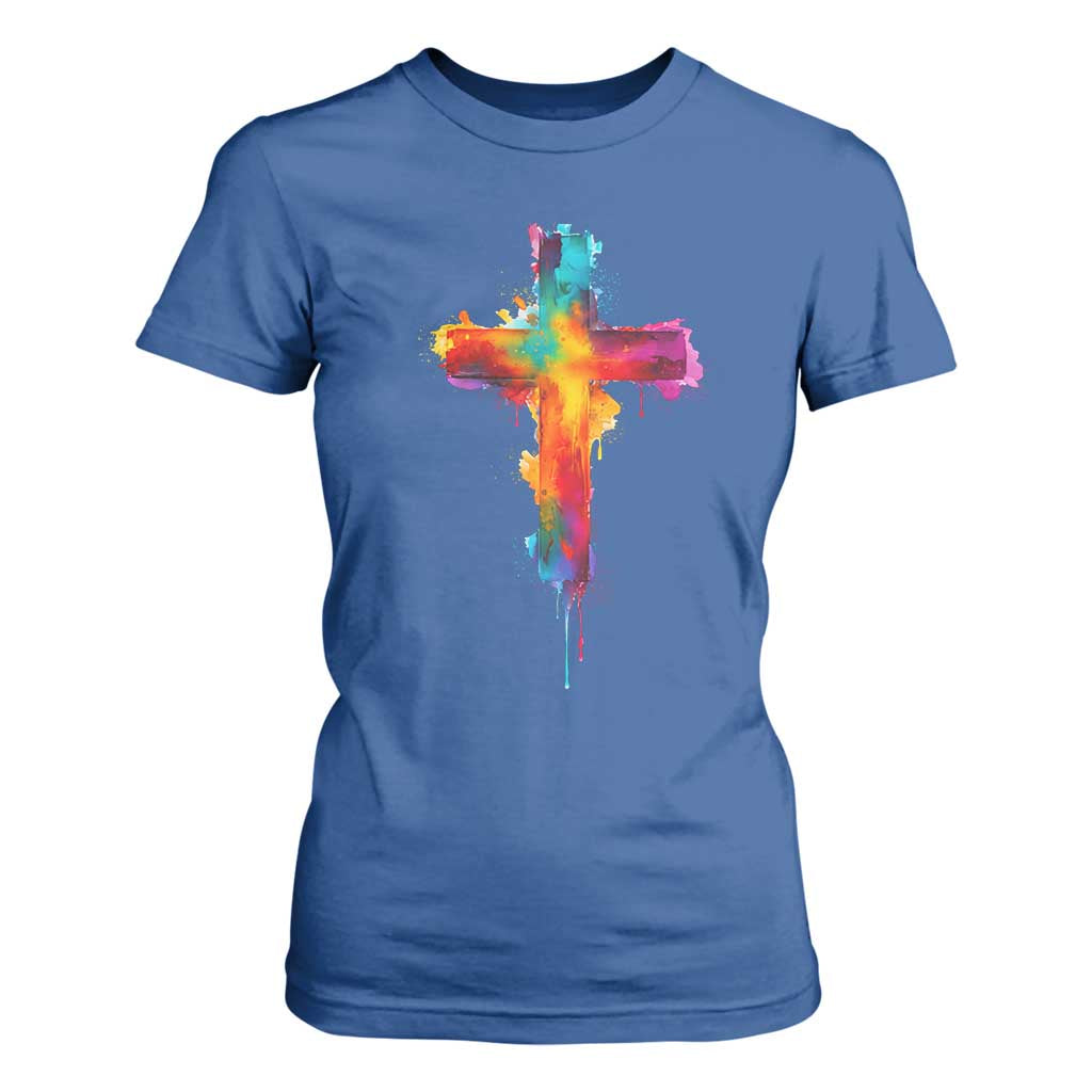Faith Cross T Shirt For Women Christian Believe Blessed By God Colorful Watercolor Graphic TS10 Royal Blue Print Your Wear