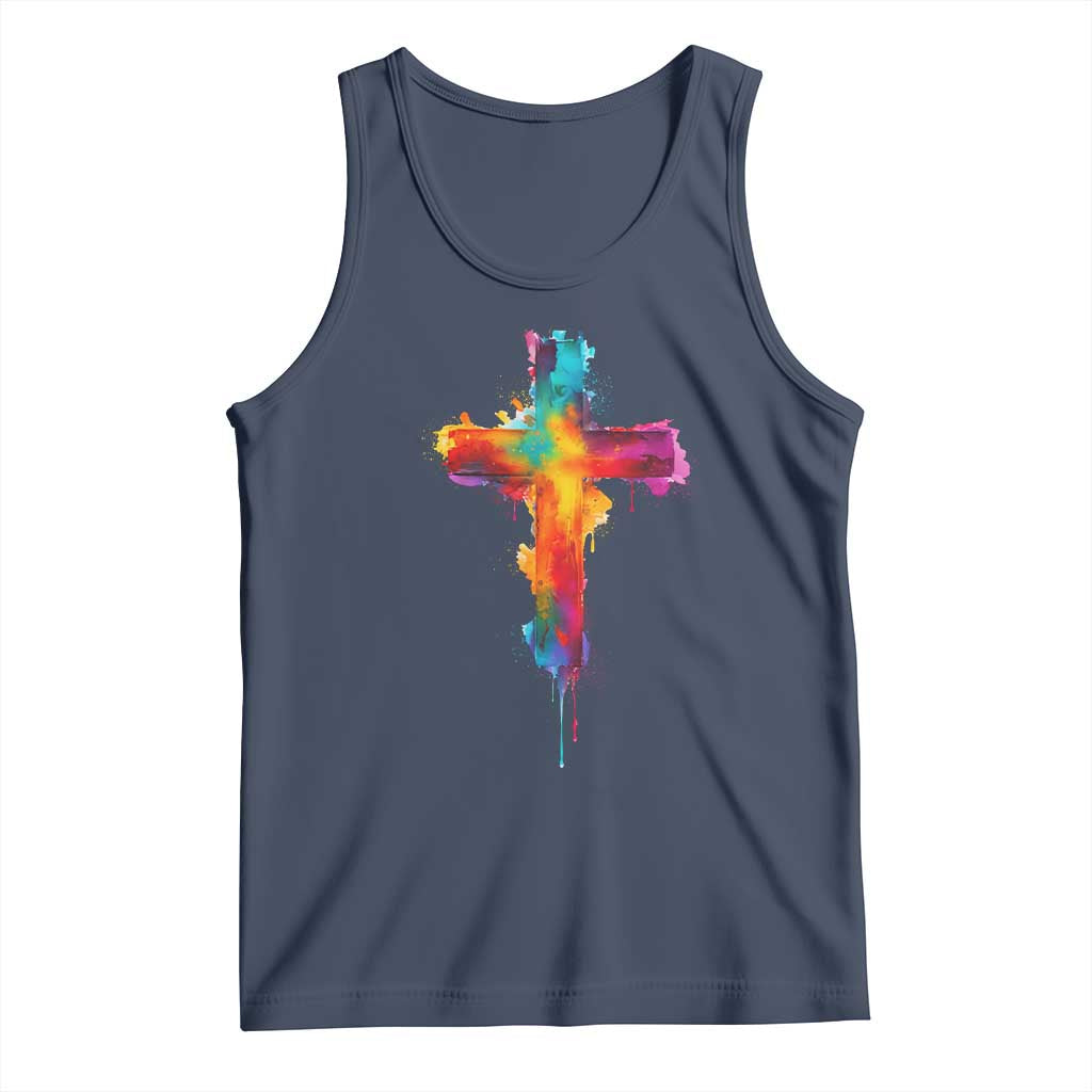 Faith Cross Tank Top Christian Believe Blessed By God Colorful Watercolor Graphic TS10 Navy Print Your Wear