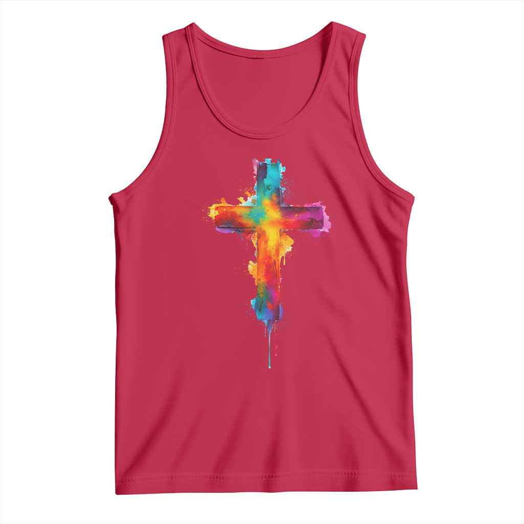 Faith Cross Tank Top Christian Believe Blessed By God Colorful Watercolor Graphic TS10 Red Print Your Wear