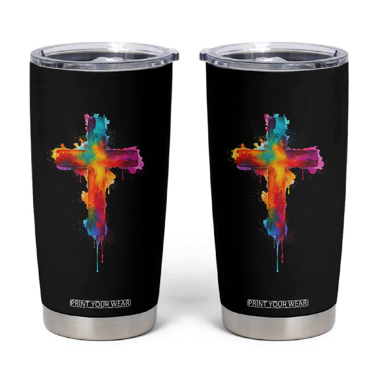 Faith Cross Tumbler Cup Christian Believe Blessed By God Colorful Watercolor Graphic TS10 Black Print Your Wear