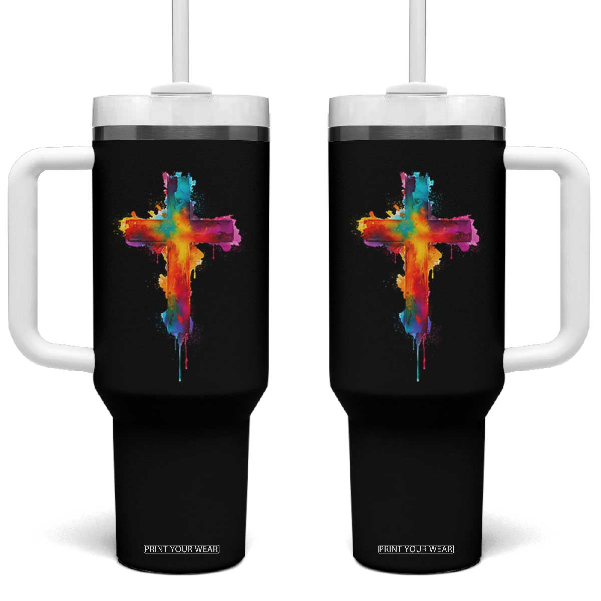 Faith Cross Tumbler With Handle Christian Believe Blessed By God Colorful Watercolor Graphic TS10 One Size: 40 oz Black Print Your Wear