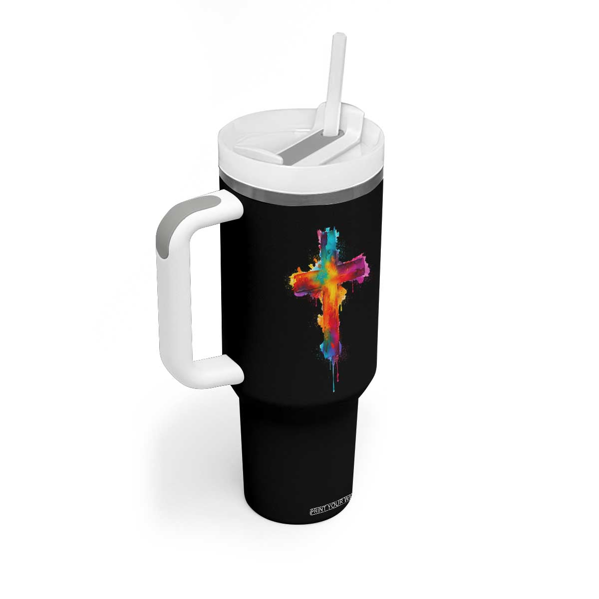 Faith Cross Tumbler With Handle Christian Believe Blessed By God Colorful Watercolor Graphic TS10 Print Your Wear