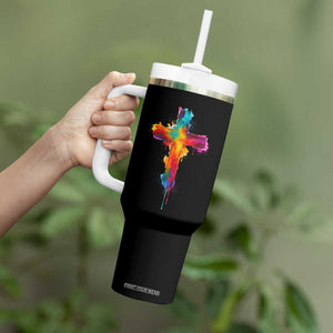 Faith Cross Tumbler With Handle Christian Believe Blessed By God Colorful Watercolor Graphic TS10 Print Your Wear