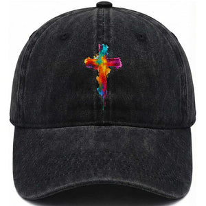 Faith Cross Washed Cotton Baseball Cap Christian Believe Blessed By God Colorful Watercolor Graphic TS10 Print Your Wear