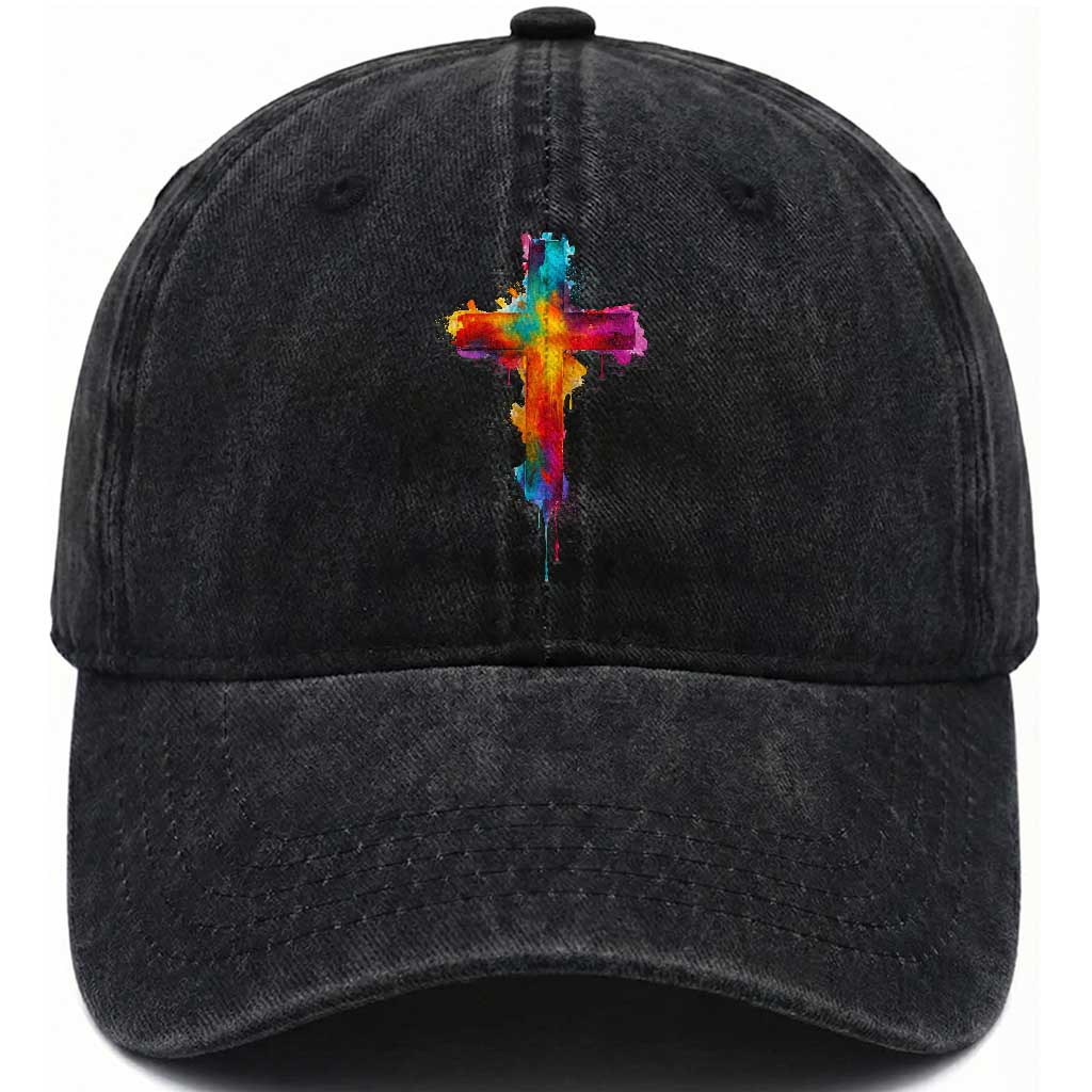 Faith Cross Washed Cotton Baseball Cap Christian Believe Blessed By God Colorful Watercolor Graphic TS10 Print Your Wear