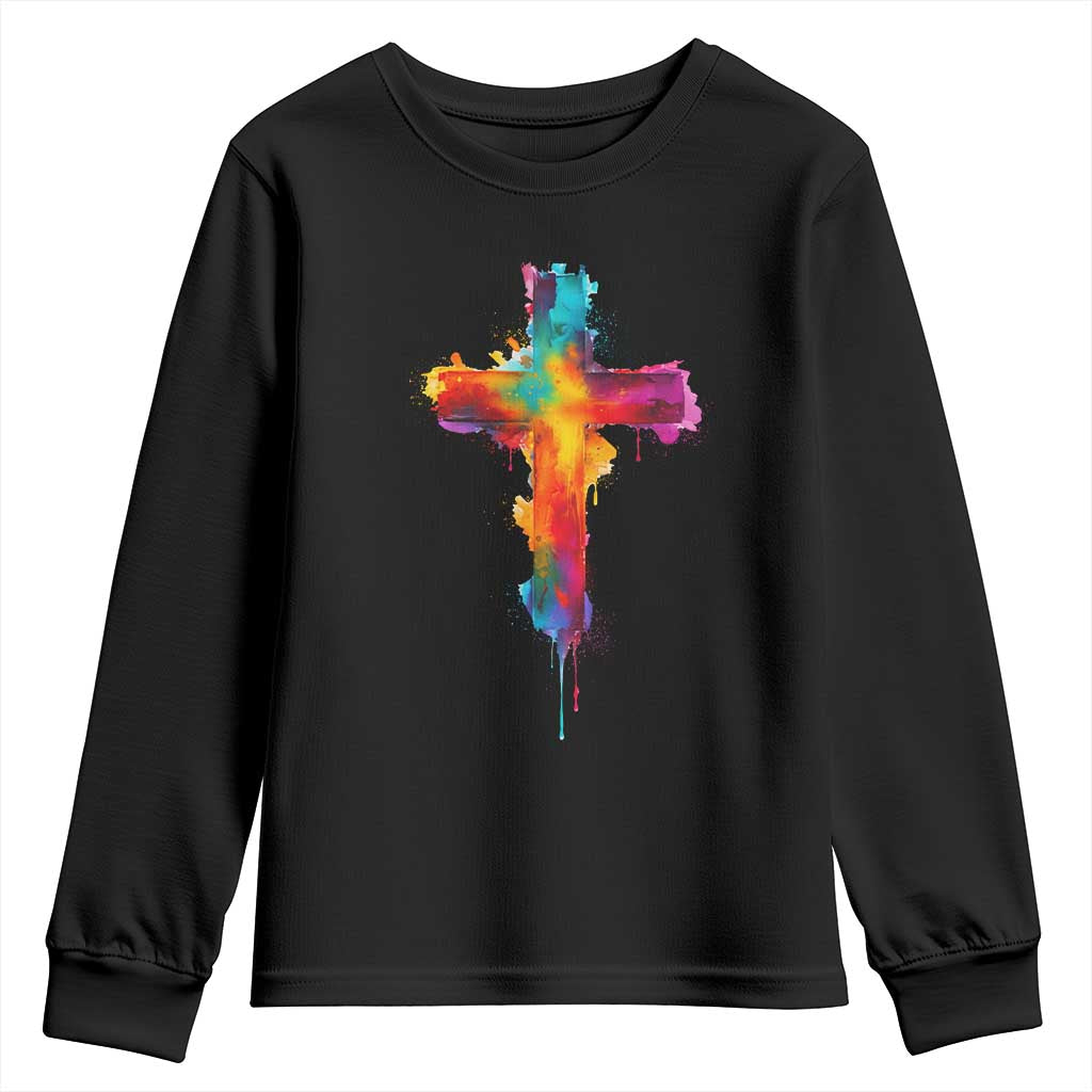 Faith Cross Youth Sweatshirt Christian Believe Blessed By God Colorful Watercolor Graphic TS10 Black Print Your Wear