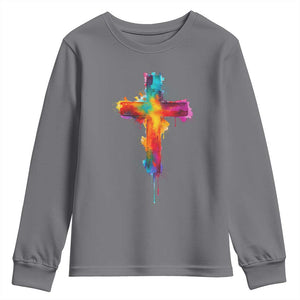 Faith Cross Youth Sweatshirt Christian Believe Blessed By God Colorful Watercolor Graphic TS10 Charcoal Print Your Wear