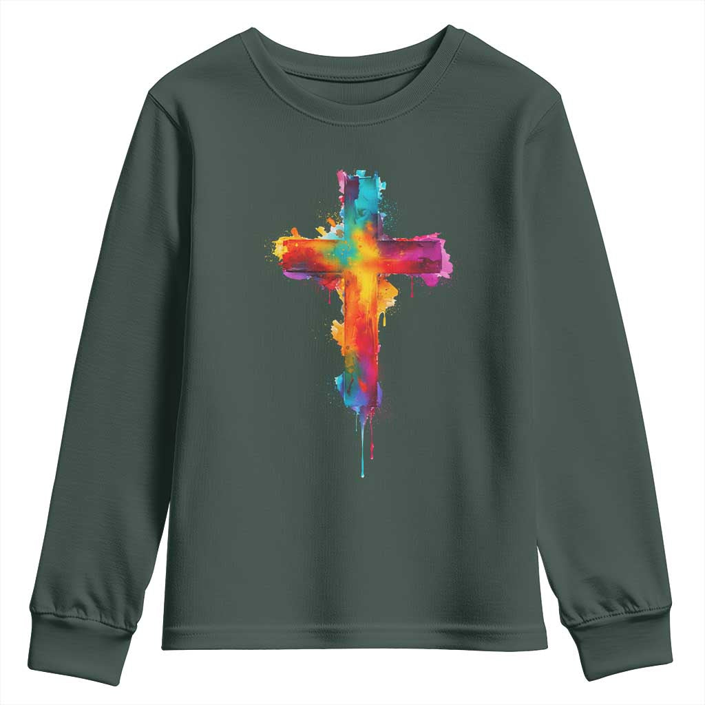 Faith Cross Youth Sweatshirt Christian Believe Blessed By God Colorful Watercolor Graphic TS10 Dark Forest Green Print Your Wear