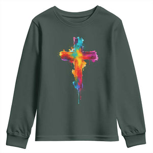 Faith Cross Youth Sweatshirt Christian Believe Blessed By God Colorful Watercolor Graphic TS10 Dark Forest Green Print Your Wear