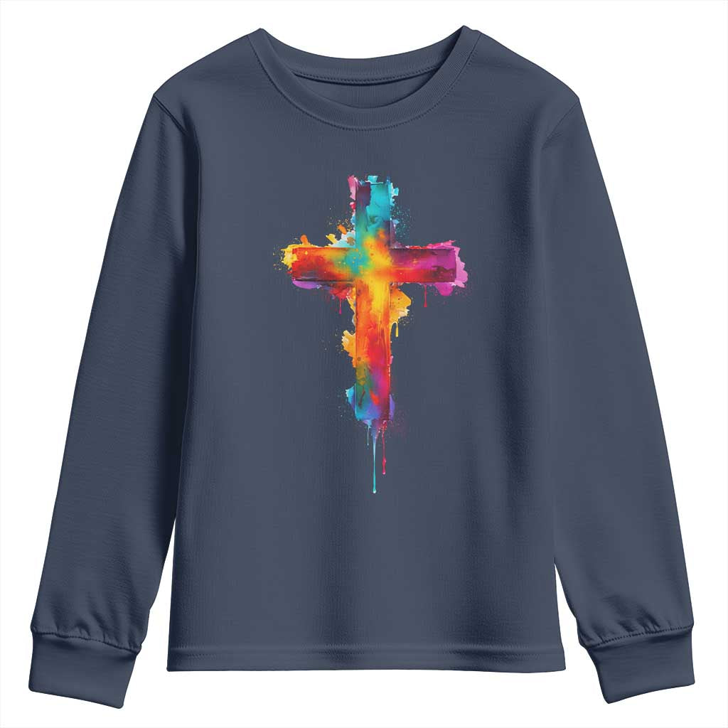 Faith Cross Youth Sweatshirt Christian Believe Blessed By God Colorful Watercolor Graphic TS10 Navy Print Your Wear