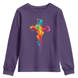 Faith Cross Youth Sweatshirt Christian Believe Blessed By God Colorful Watercolor Graphic TS10 Purple Print Your Wear