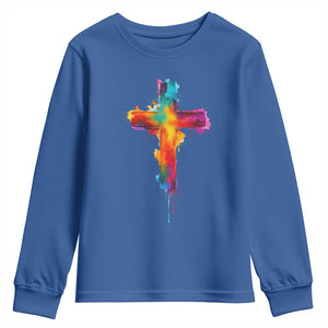 Faith Cross Youth Sweatshirt Christian Believe Blessed By God Colorful Watercolor Graphic TS10 Royal Blue Print Your Wear