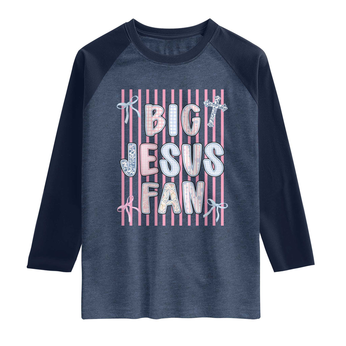 Big Jesus Fan Raglan Shirt Striped Preppy Christian Believer Faith God Religious Gifts TS10 Heather Denim Navy Print Your Wear
