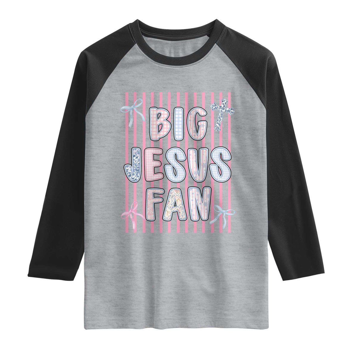 Big Jesus Fan Raglan Shirt Striped Preppy Christian Believer Faith God Religious Gifts TS10 Heather Gray Black Print Your Wear