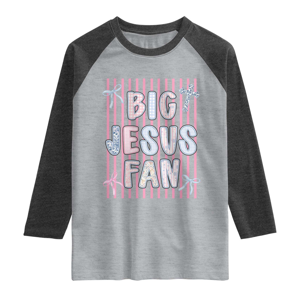 Big Jesus Fan Raglan Shirt Striped Preppy Christian Believer Faith God Religious Gifts TS10 Heather Gray Heather Charcoal Print Your Wear