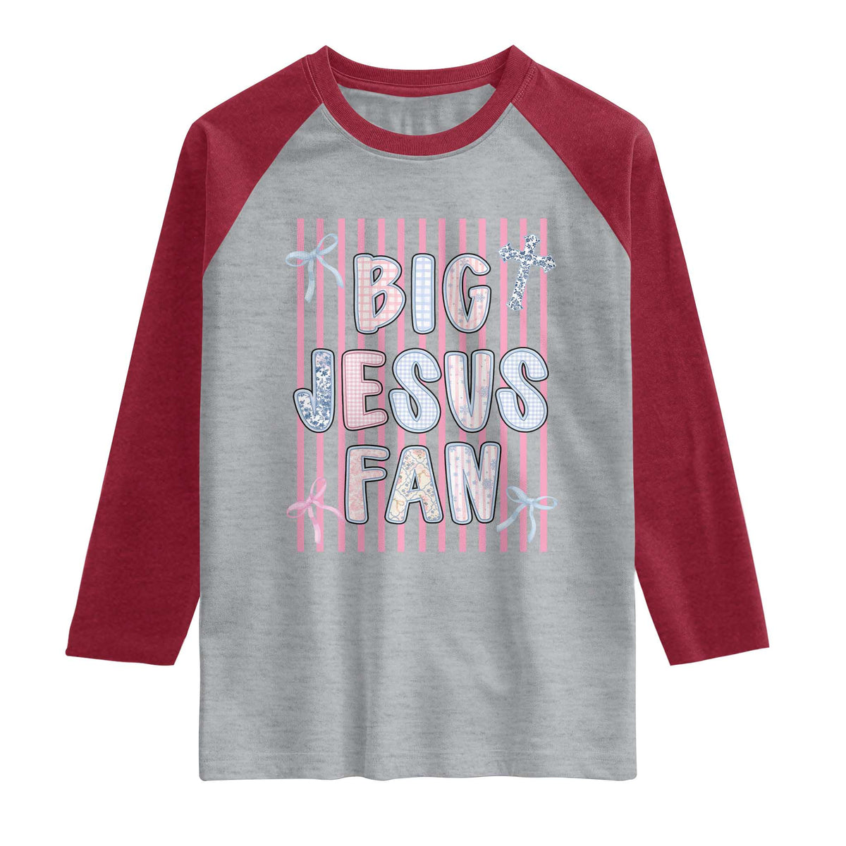 Big Jesus Fan Raglan Shirt Striped Preppy Christian Believer Faith God Religious Gifts TS10 Heather Gray Heather Red Print Your Wear
