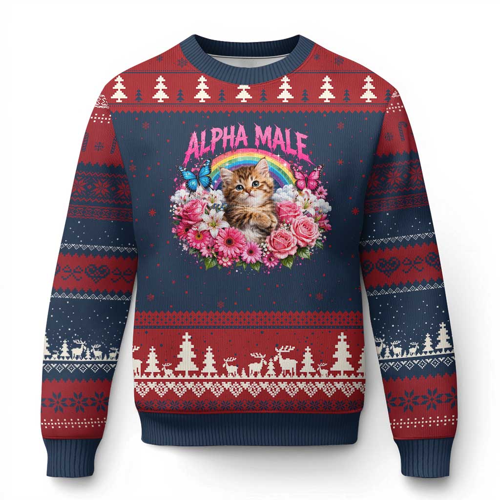 Alpha Male Ugly Christmas Sweater Funny Cat Kitten Meme Rainbow Floral TS10 Navy Red Print Your Wear