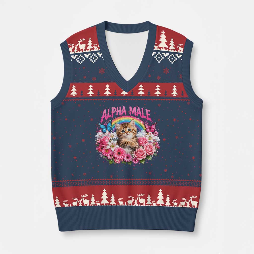 Alpha Male V-Neck Knit Sweater Vest Funny Cat Kitten Meme Rainbow Floral TS10 Navy Red Print Your Wear