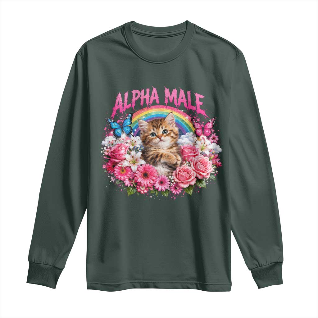 Alpha Male Long Sleeve Shirt Funny Cat Kitten Meme Rainbow Floral TS10 Dark Forest Green Print Your Wear