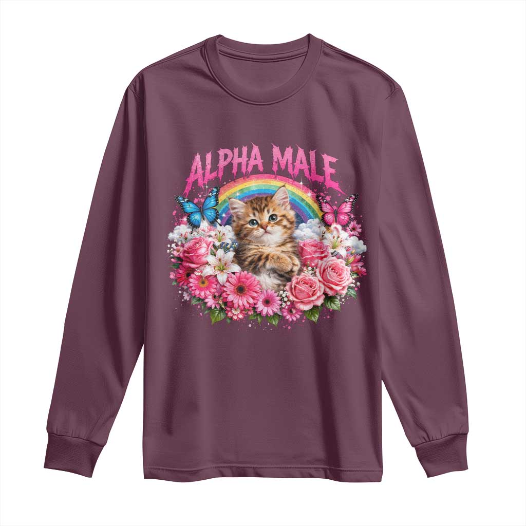Alpha Male Long Sleeve Shirt Funny Cat Kitten Meme Rainbow Floral TS10 Maroon Print Your Wear