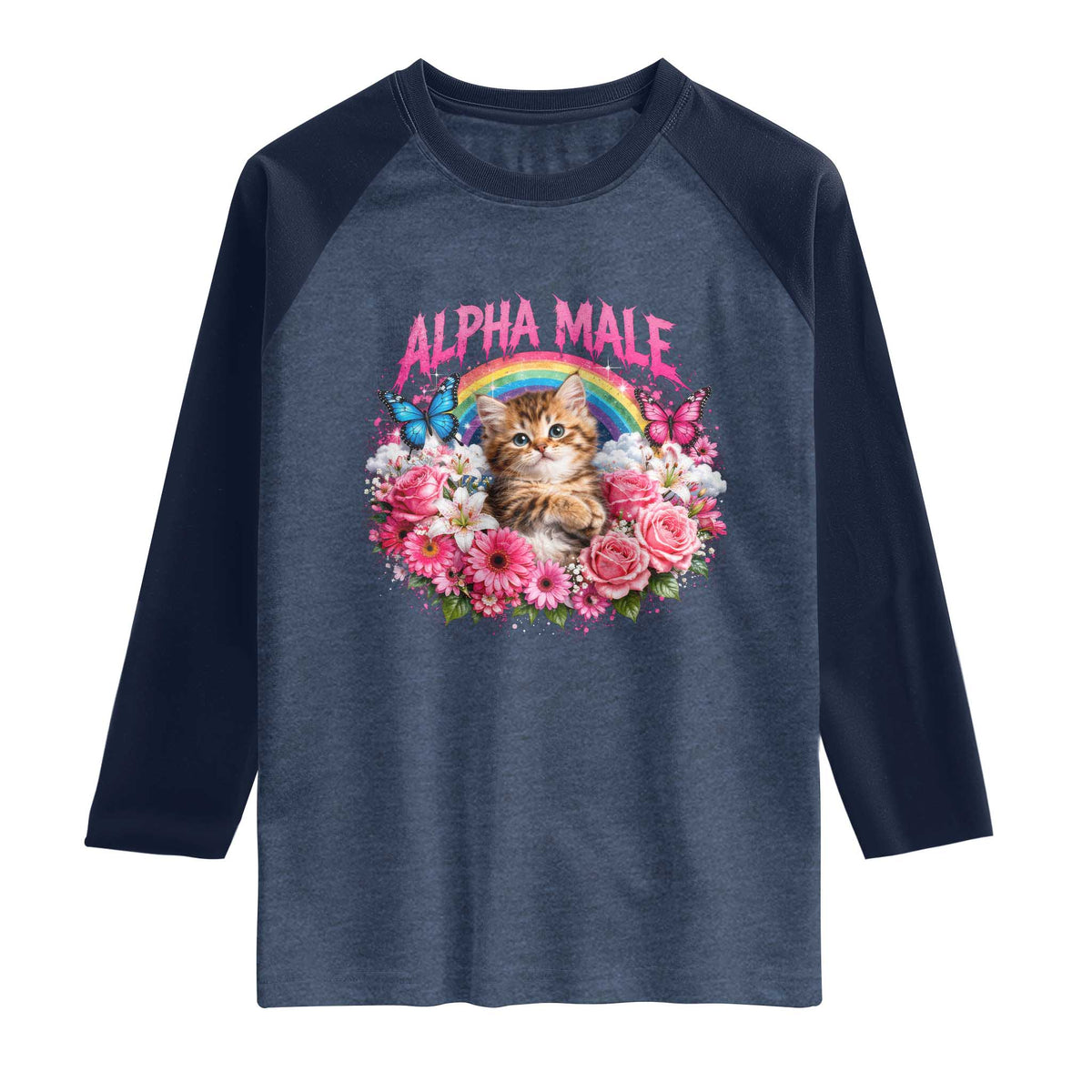 Alpha Male Raglan Shirt Funny Cat Kitten Meme Rainbow Floral TS10 Heather Denim Navy Print Your Wear