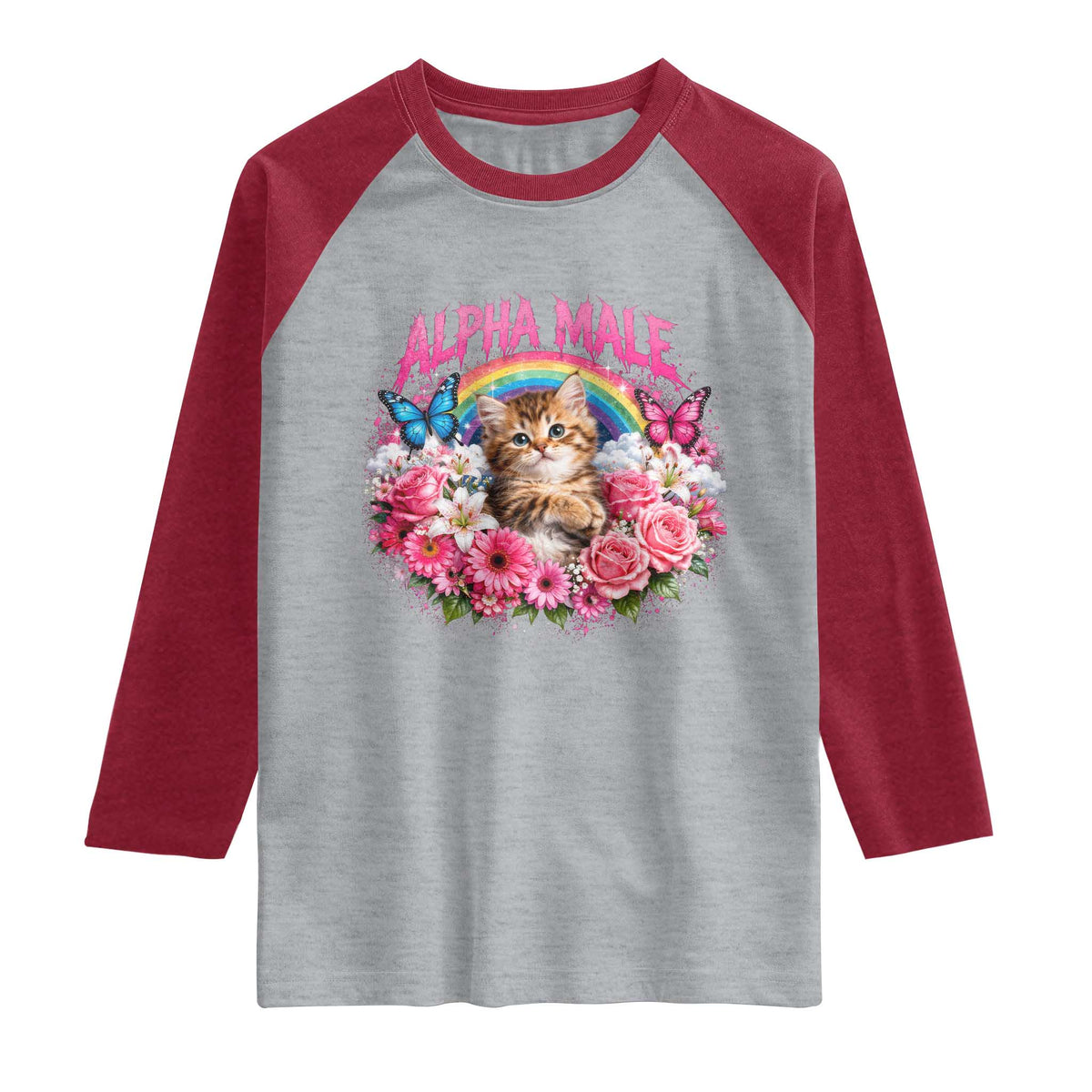 Alpha Male Raglan Shirt Funny Cat Kitten Meme Rainbow Floral TS10 Heather Gray Heather Red Print Your Wear