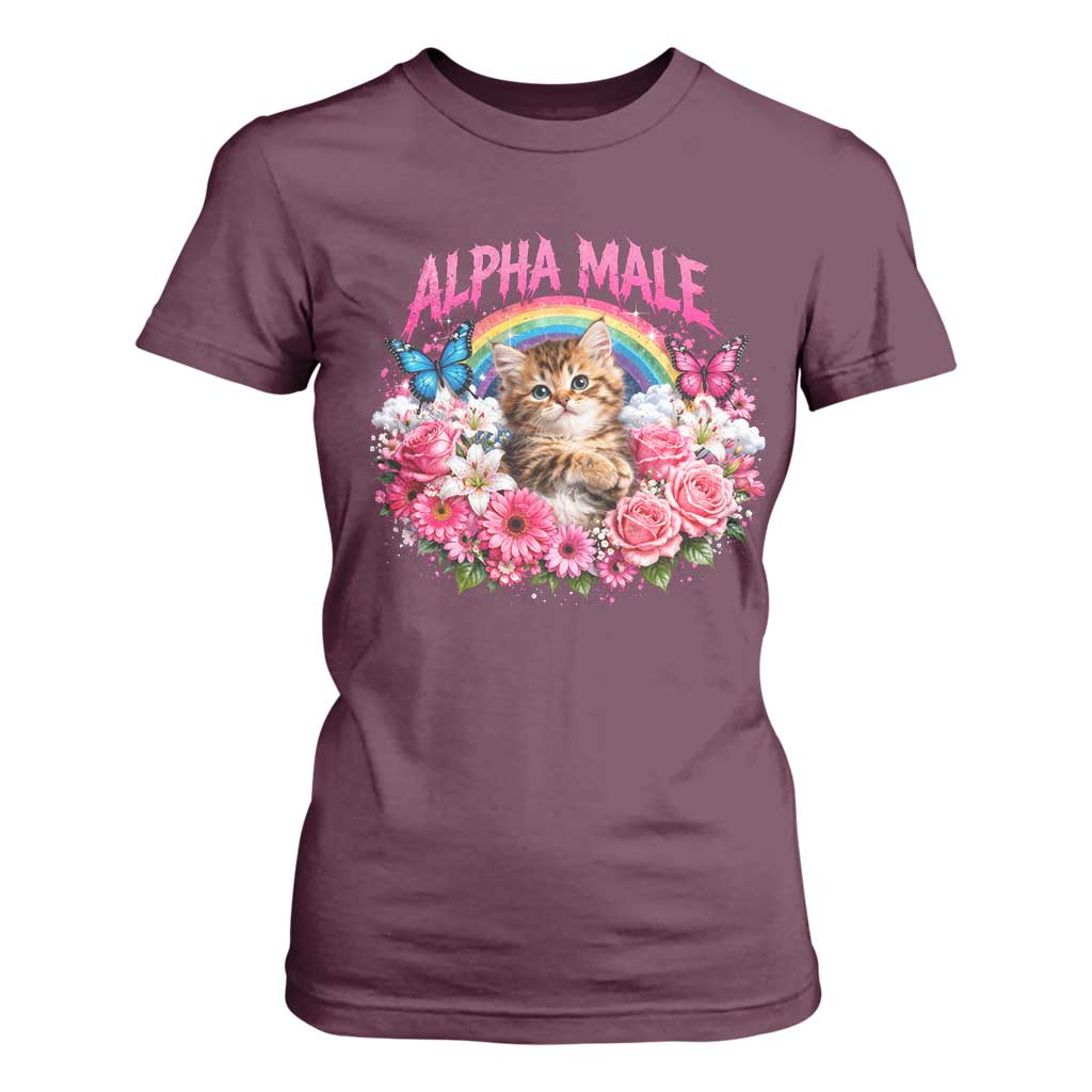 Alpha Male T Shirt For Women Funny Cat Kitten Meme Rainbow Floral TS10 Maroon Print Your Wear