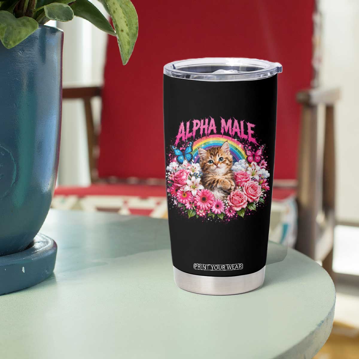 Alpha Male Tumbler Cup Funny Cat Kitten Meme Rainbow Floral TS10 Print Your Wear